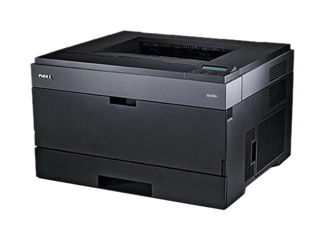 Rectangular white office laser printer with covered paper drawer and multipurpose tray