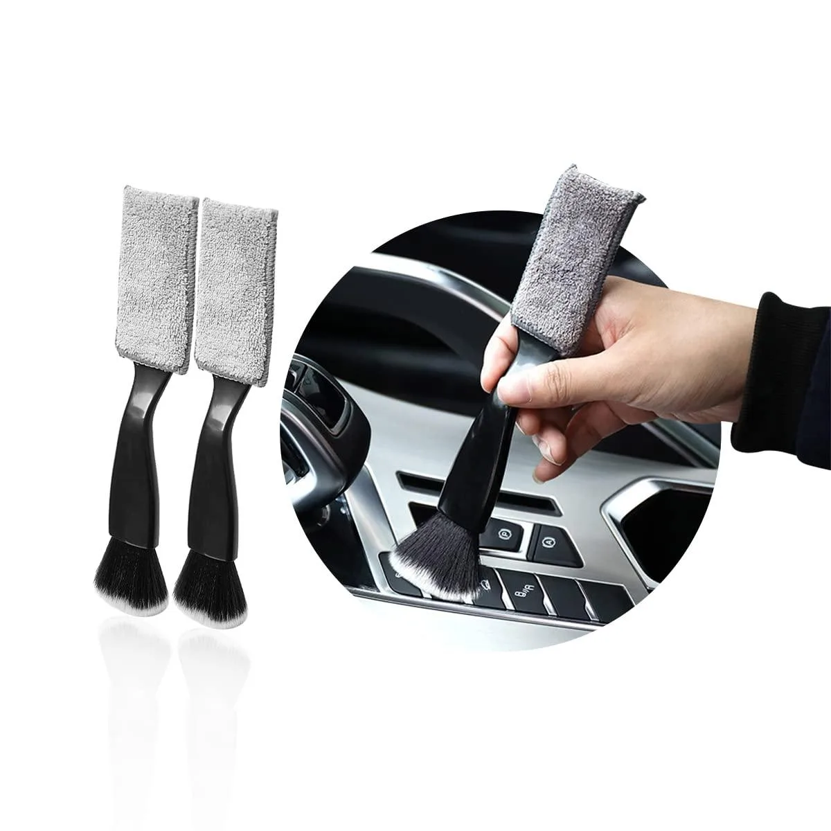 Two black double-headed car interior brushes, curved ABS handles, soft nylon bristles one side, coral velvet cloth other side