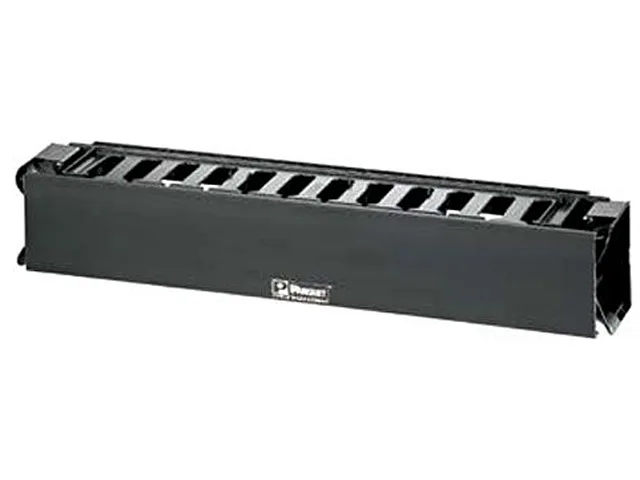 Black horizontal single-sided cable manager with hinged cover and rounded fingers