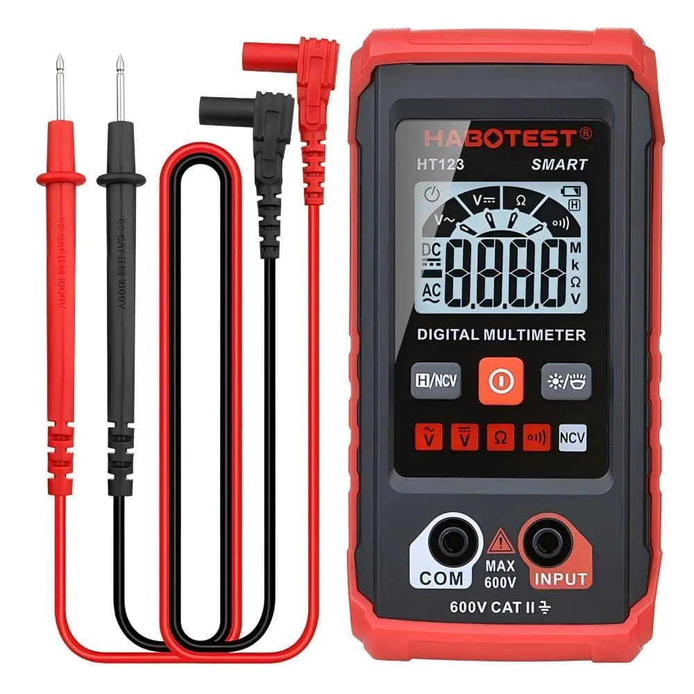 Yellow digital multimeter with LCD display, test leads, protective case, compact ABS body