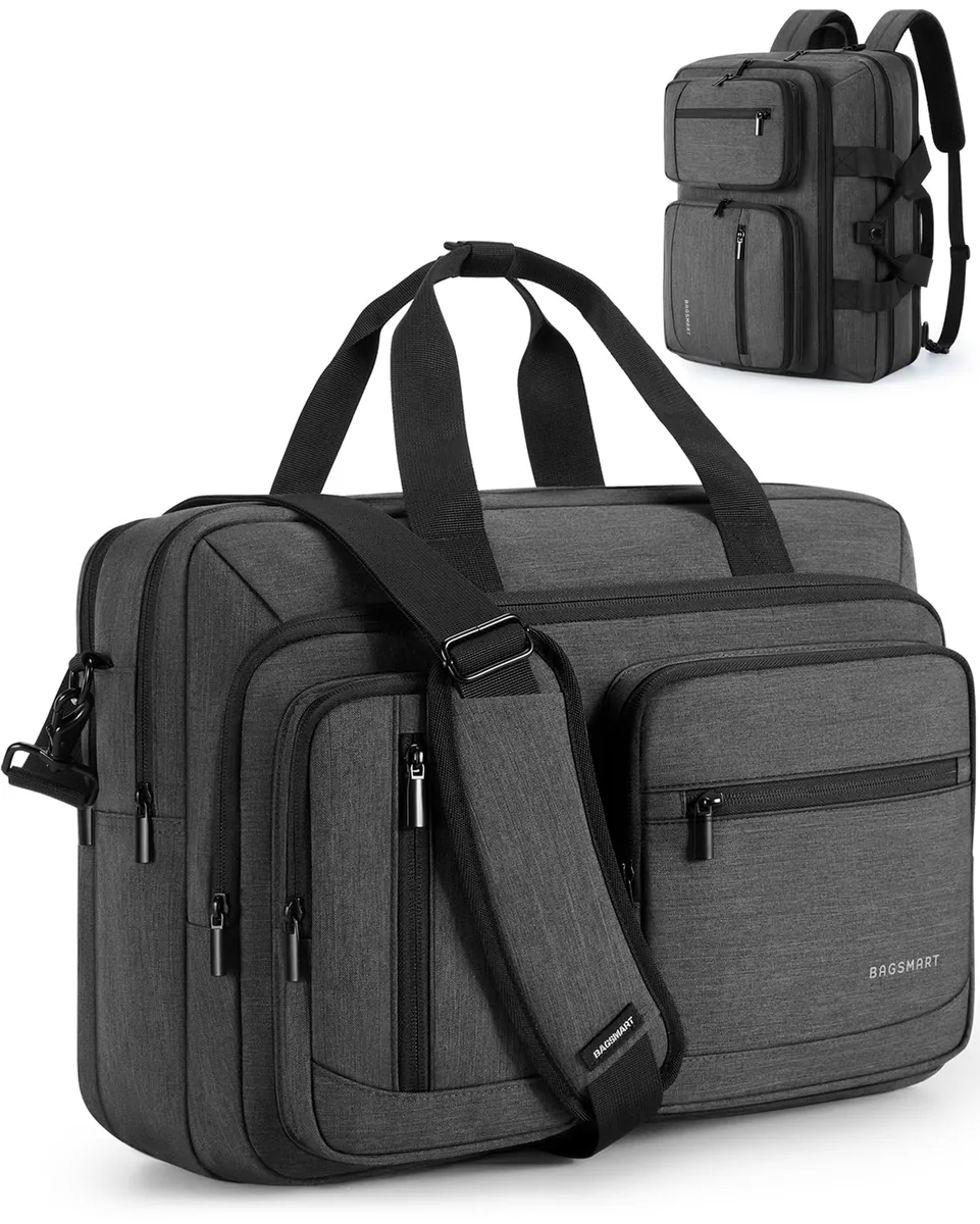 Black rectangular 17.3 inch laptop bag with padded shoulder straps and leather accents