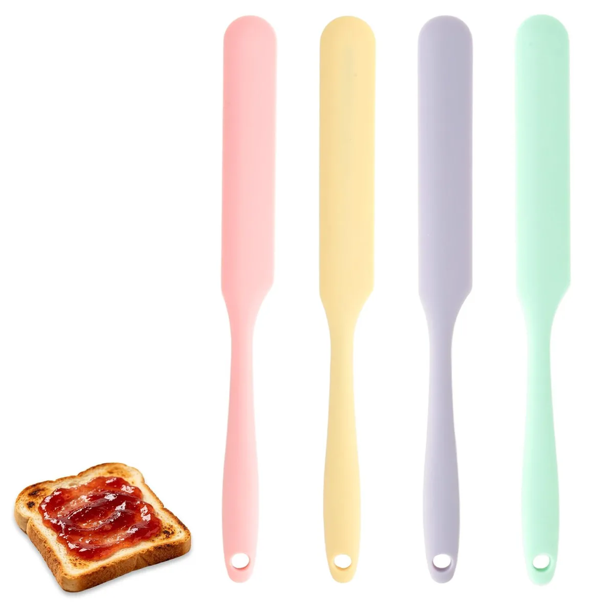 Four 9.5-inch silicone jar spatulas in pink yellow green and purple