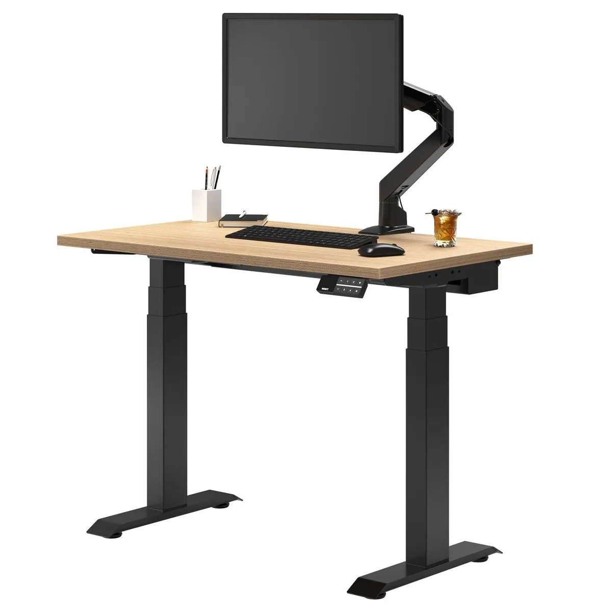 Desky Desky Dual Mini Sit Stand Desk Sublime Teak 32 x 20 in Matte Black — product photo