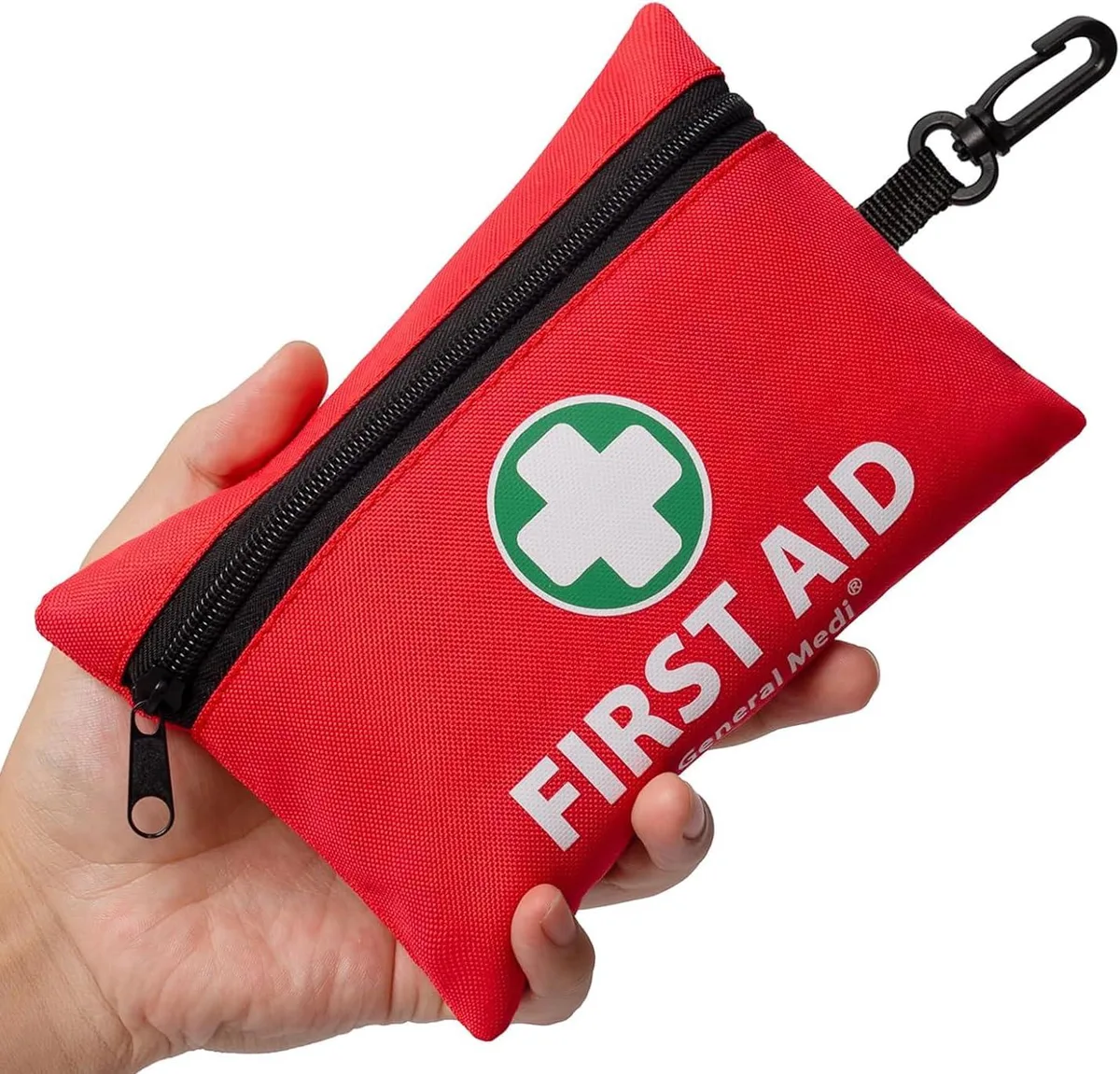 Compact red polyester first aid pouch, 150 pieces inside