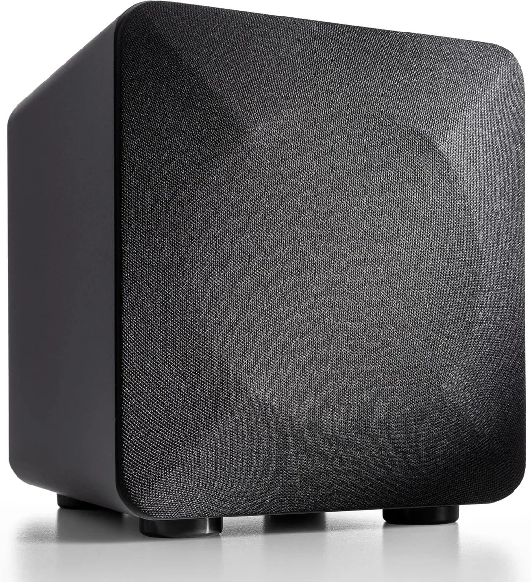 Compact black powered subwoofer with 6-inch front-firing woofer, sealed enclosure, rear controls and ports