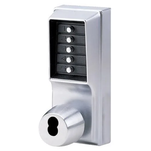 Satin chrome cylindrical knob lock with pushbutton keypad and SFIC core cylinder