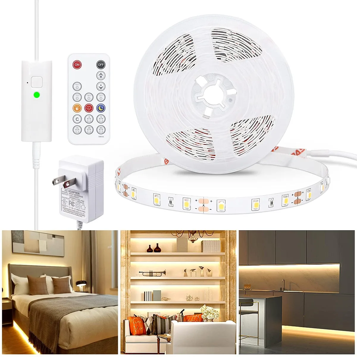 Warm white LED strip on reel with RF remote and power adapter