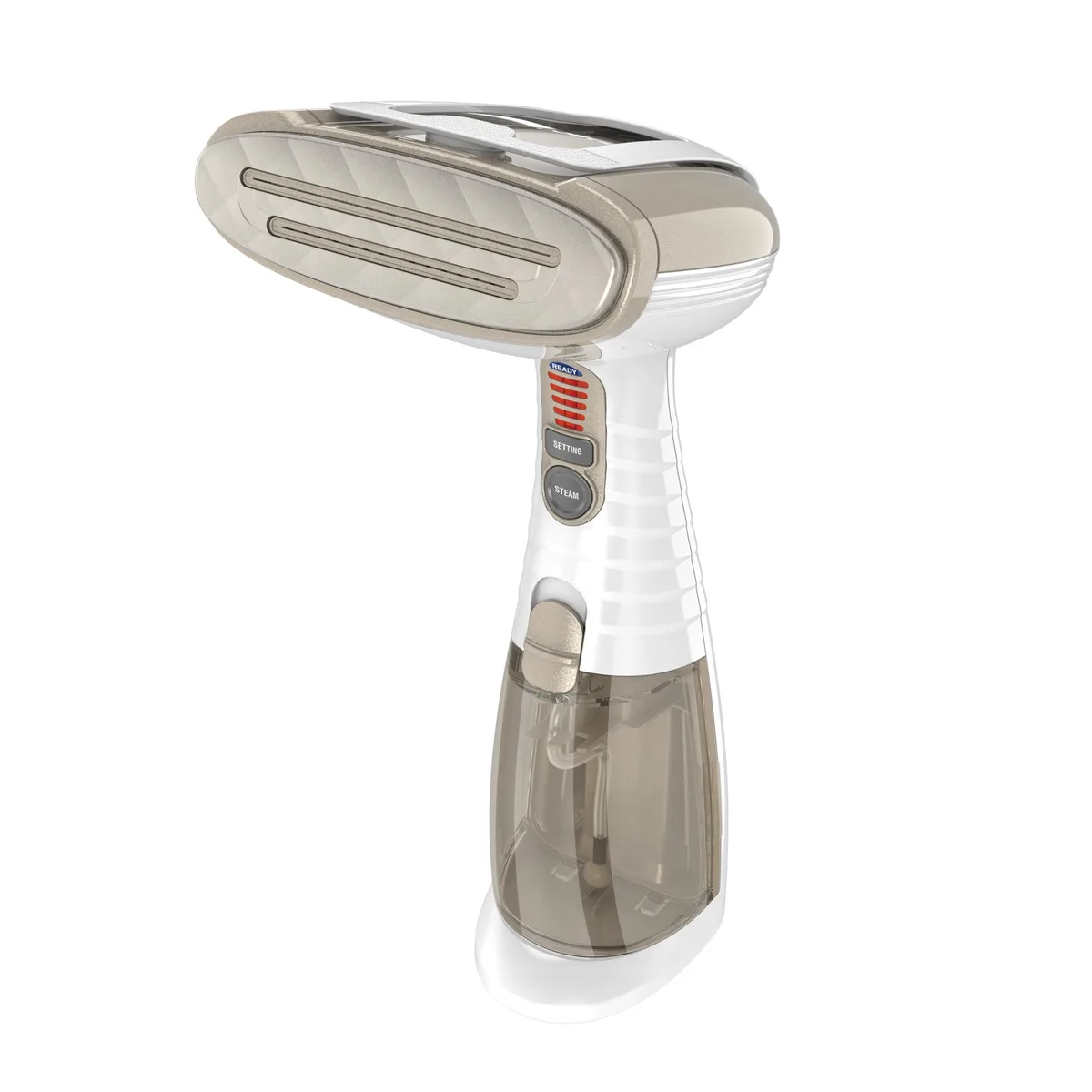 White handheld fabric steamer with quilted aluminum plate and built-in stand