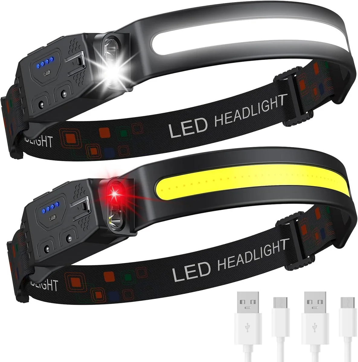 Two black headlamps with wide COB strips and adjustable straps