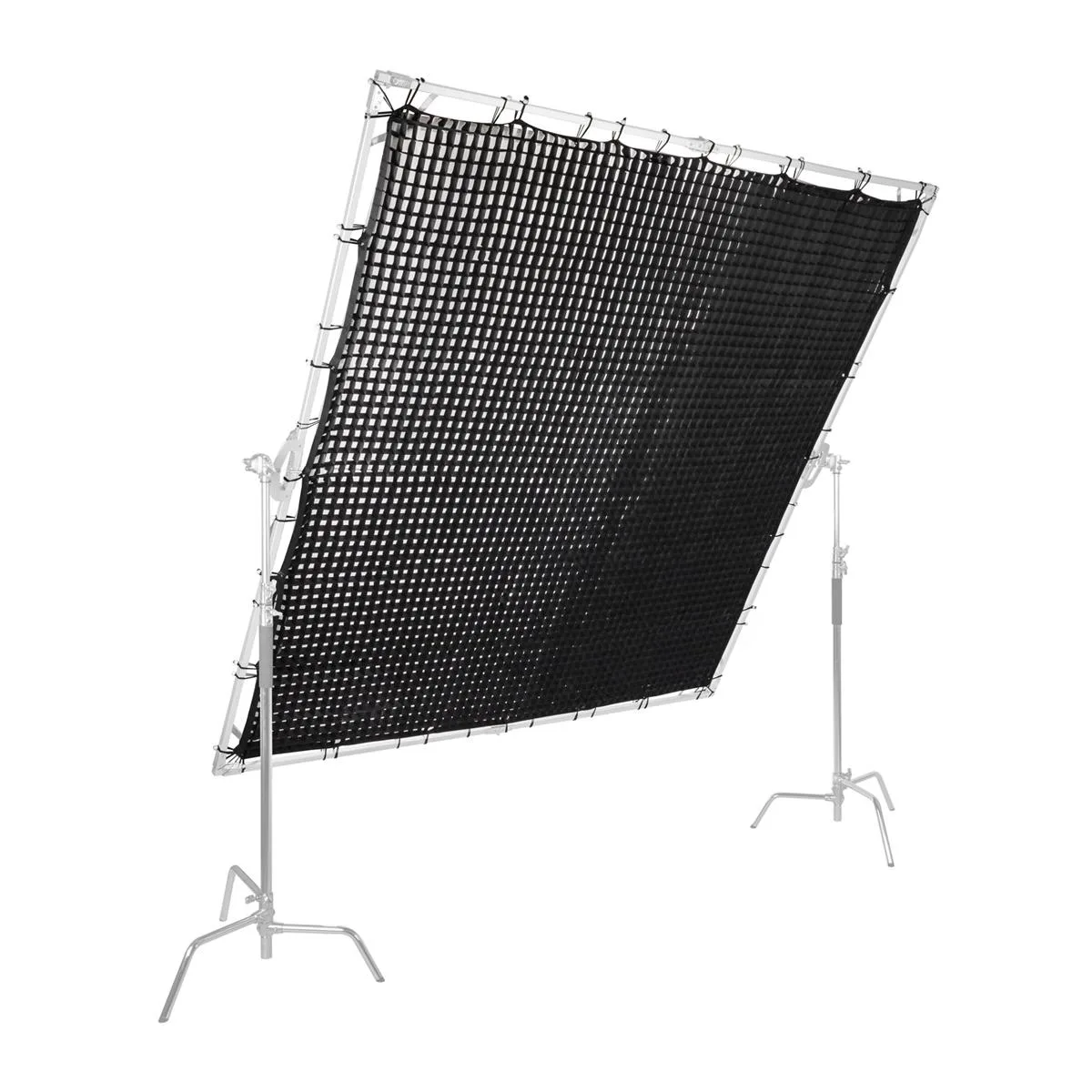 Black fabric grid panel attached to large square frame, honeycomb texture visible, studio lighting accessory