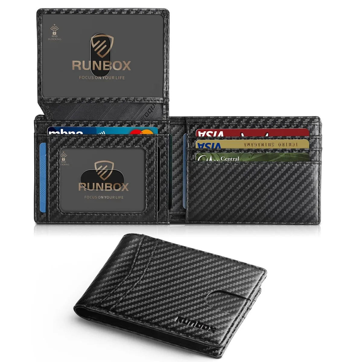 RUNBOX Hy03 Leather Bifold Wallet RFID 15 Card Slots 4.3x3.2x0.6 in Black — product photo