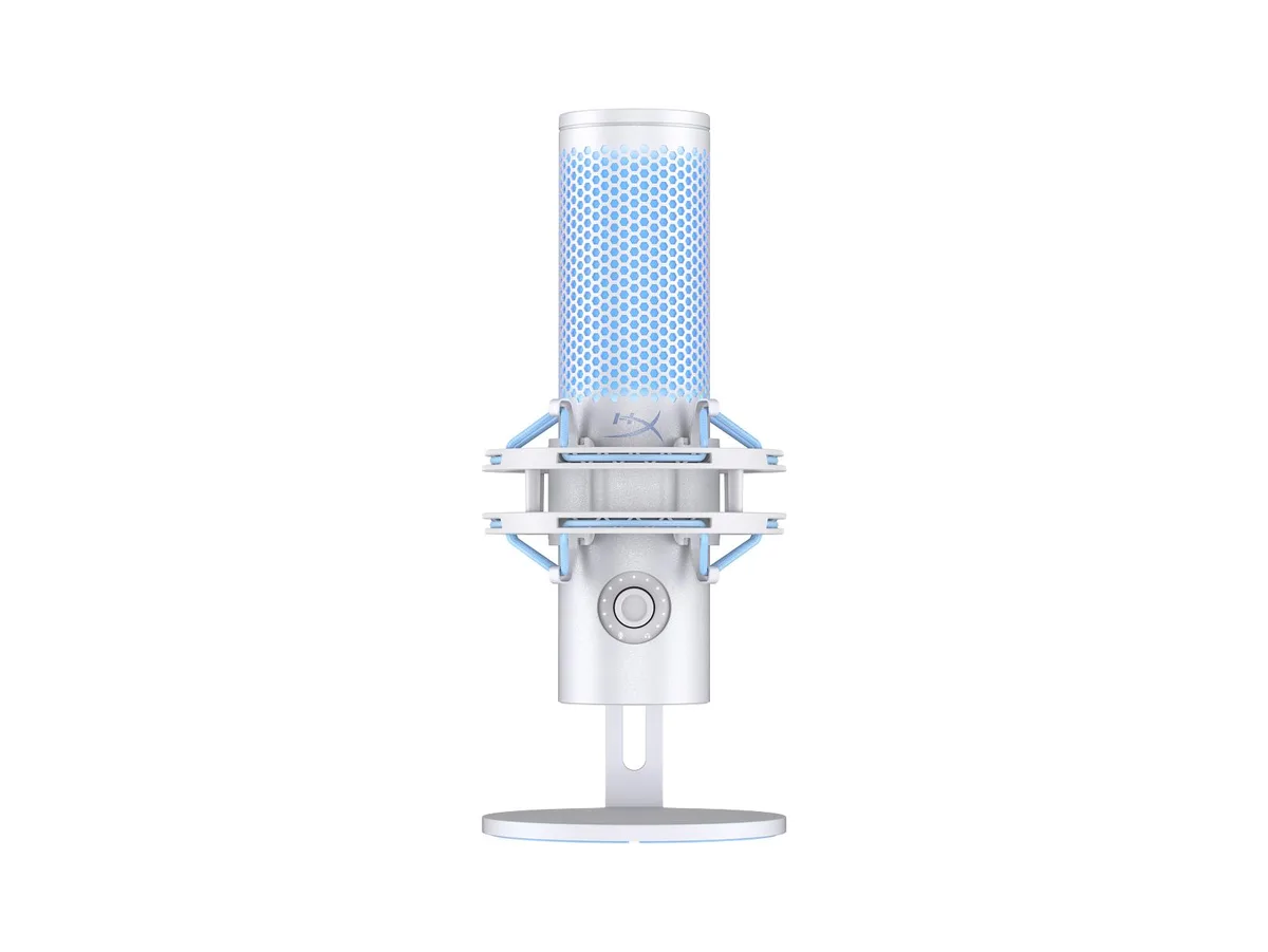 White USB microphone on shock mount with pop filter