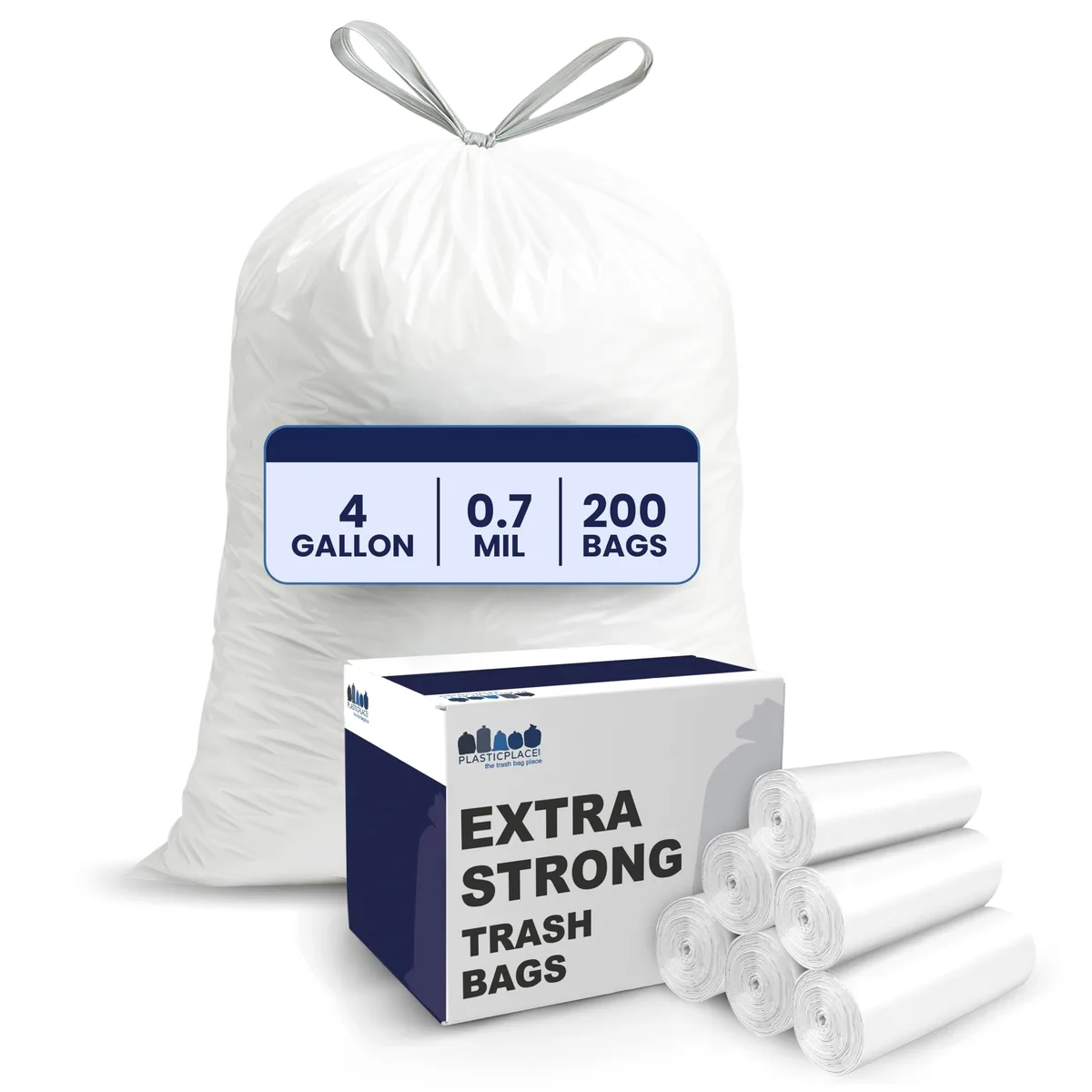 White drawstring trash bags on a roll, 200 count, .7 mil, 17 by 16 inches
