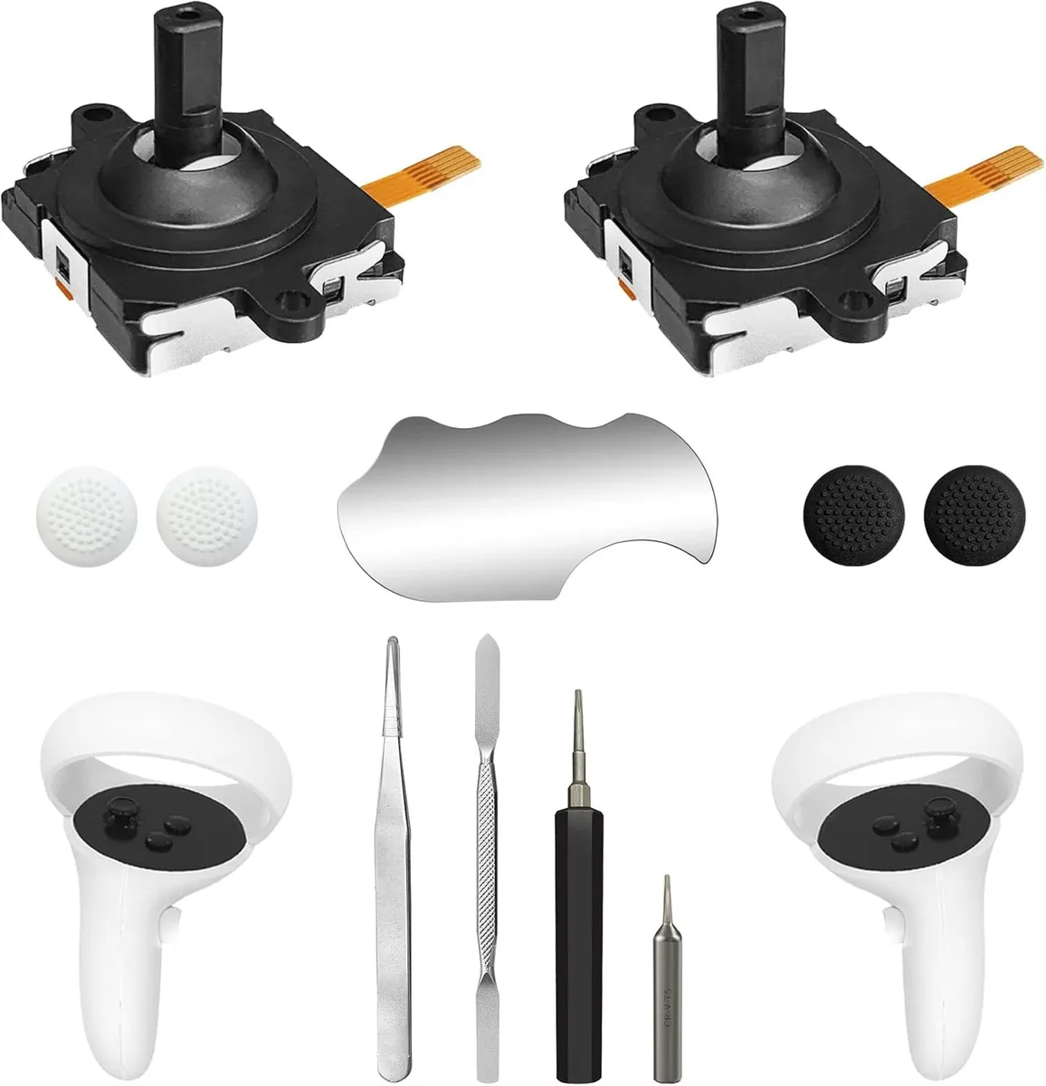 Black joystick replacement kit with two analog sticks, four caps, T5 screwdrivers, tweezers and pry tool