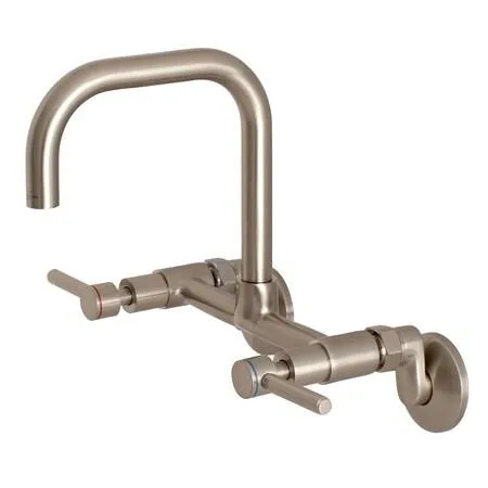 Wall-mounted kitchen faucet with brushed nickel cylindrical spout and dual handles