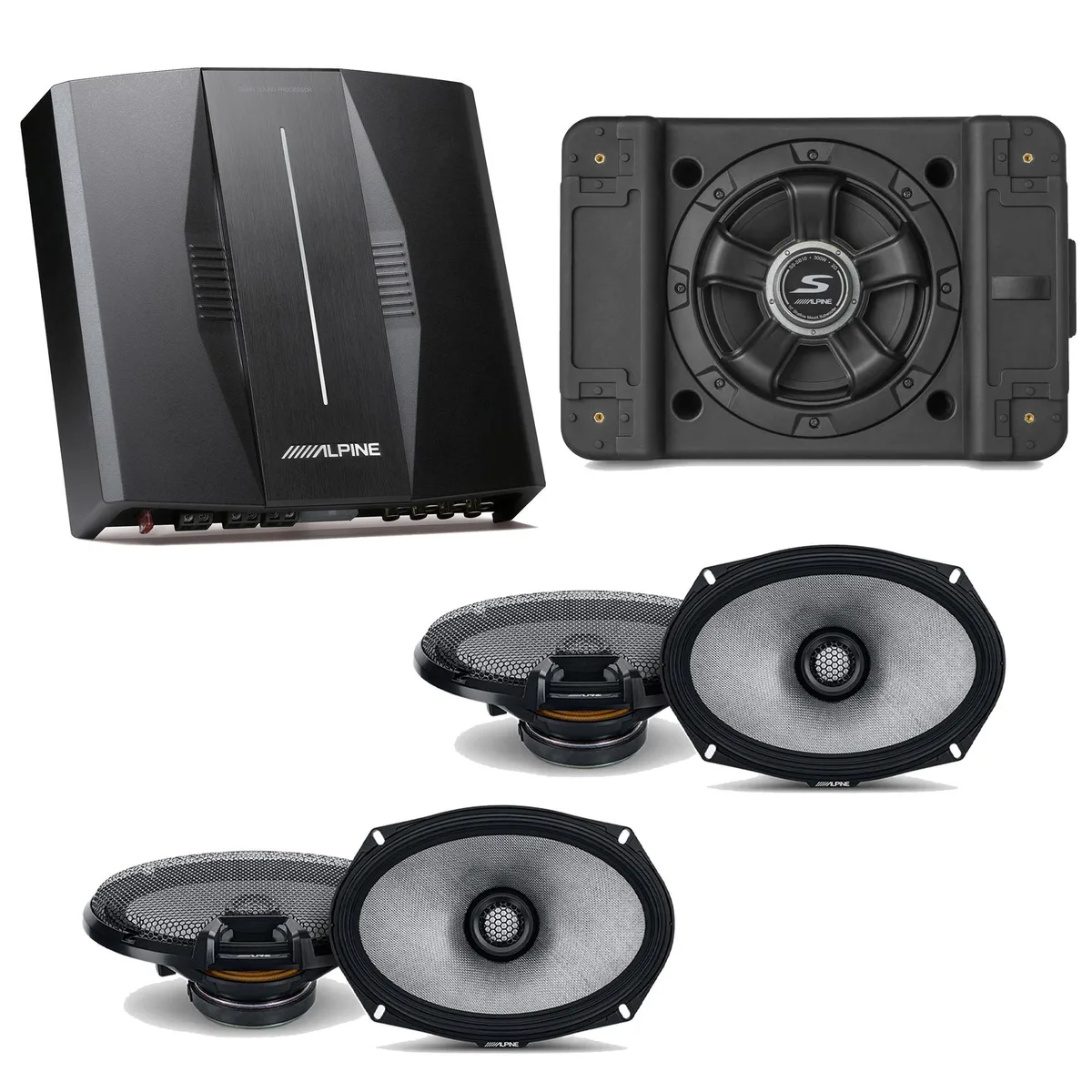 Alpine Alpine PXE-C80-88 OPTIM8 8-Channel Amp with SS-SB10 10" Subwoofer and (2) R2-S69 6x9" Speakers — product photo