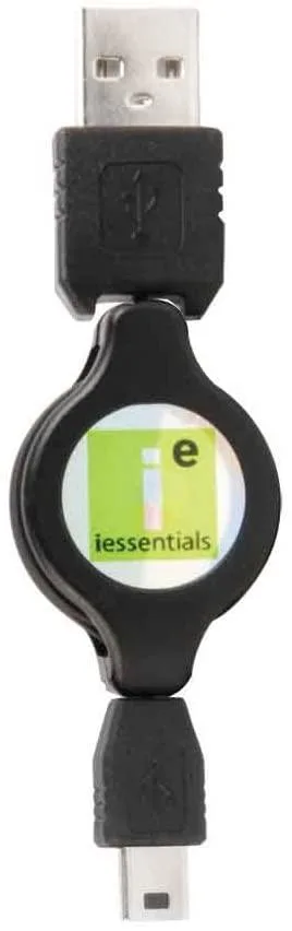 Compact retractable Mini USB to USB cable, coiled white body with silver connectors