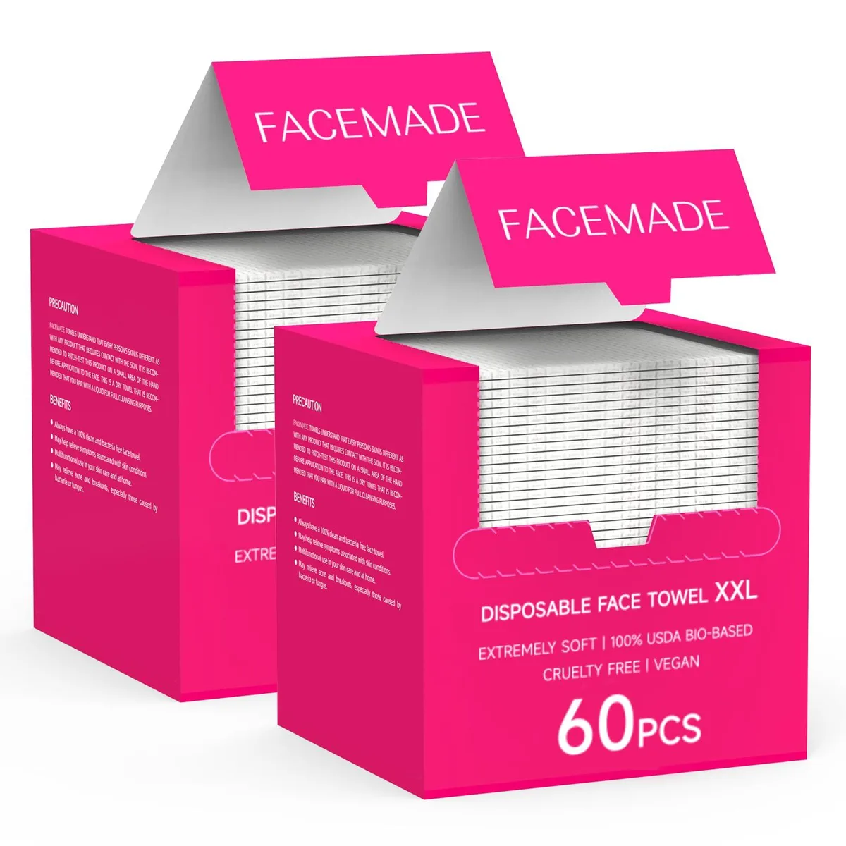 Pink disposable face towels in a 120-count pack, 12 by 12 inches