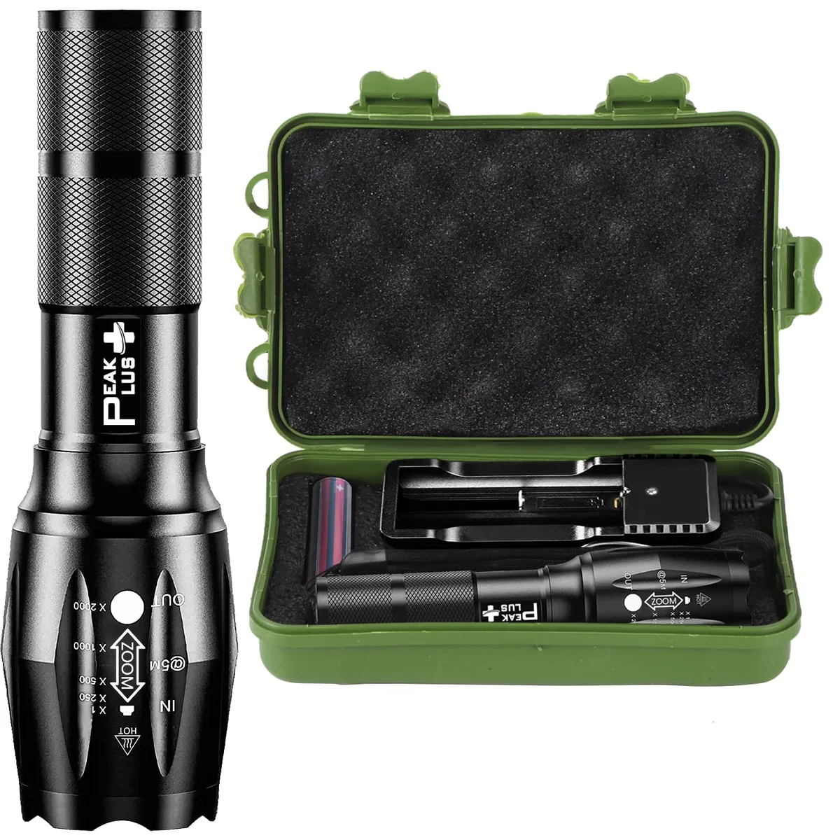 Compact aluminium flashlight kit with rechargeable battery, charger, case and AAA holder