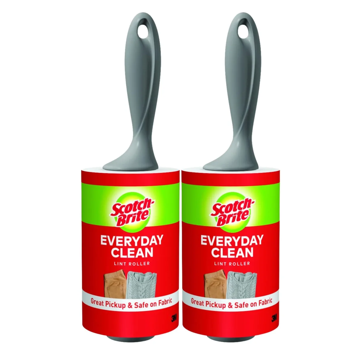 Two white plastic lint rollers with ergonomic handles, 4 in wide adhesive sheets