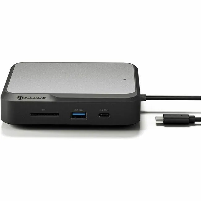 Compact dark docking station with multiple ports on front and back