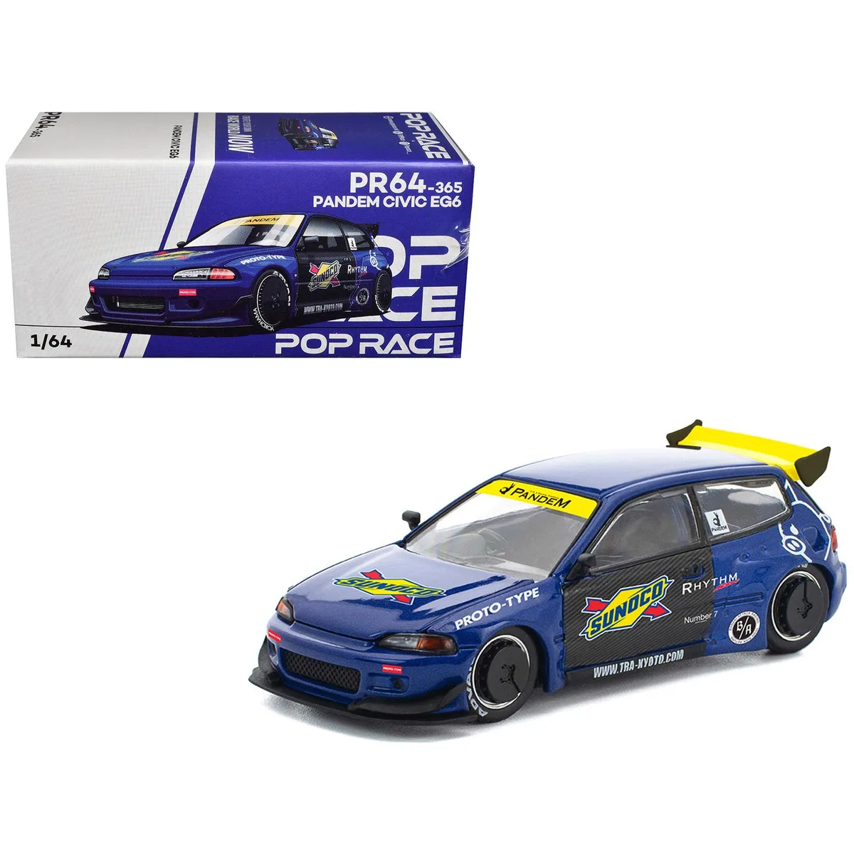 Pop Race Pop Race Pandem Civic EG6 RHD Sunoco Blue Metallic Yellow Accents 1/64 Diecast Hobby Collectible — product photo