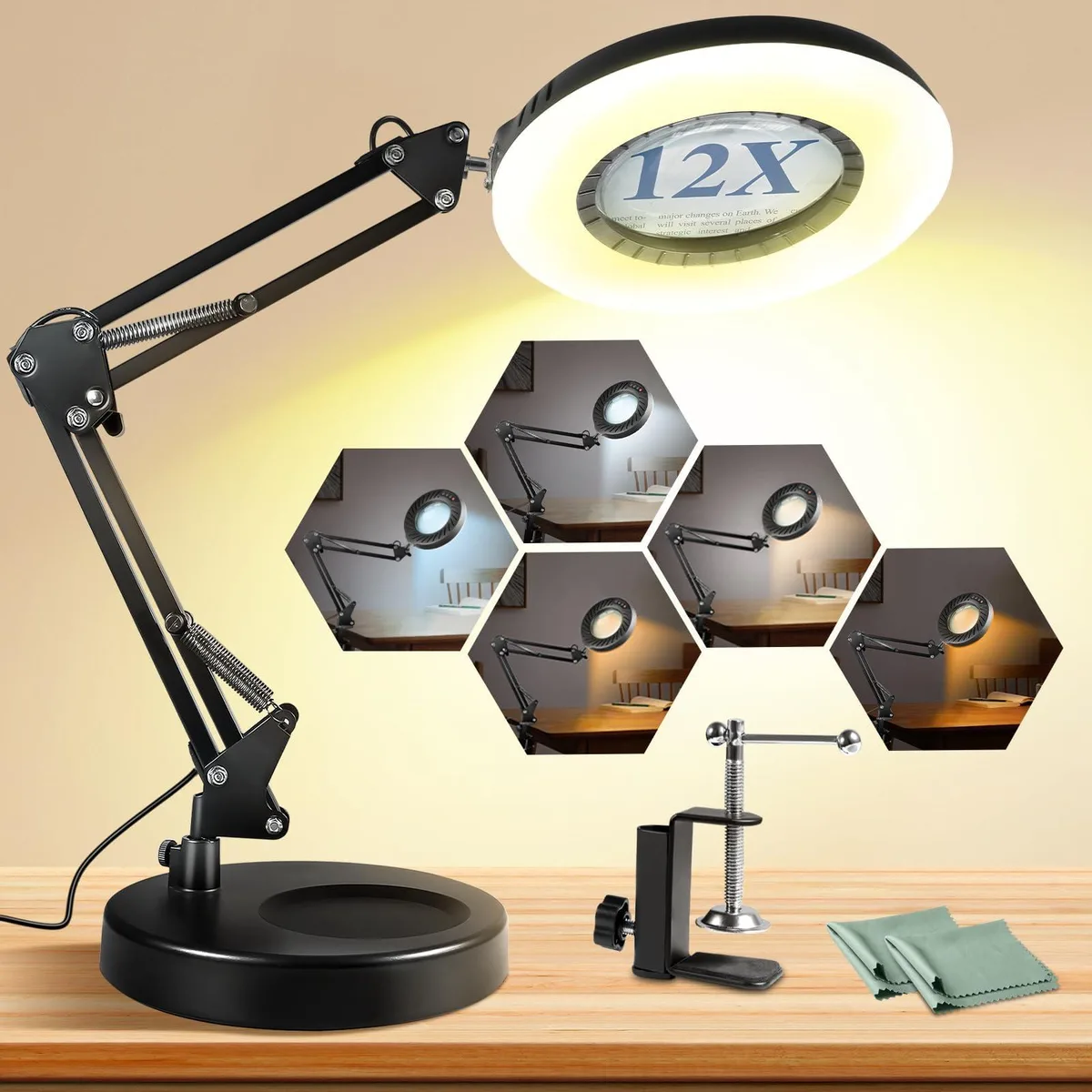  Toolastra YX-16 12X Magnifying Light Fixture 144 LEDs 5 Color Modes 10 Brightness 4.3in Lens Black — product photo