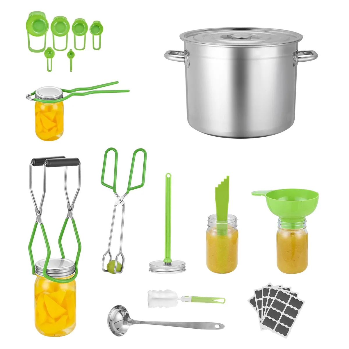 Stainless steel water bath canning pot with rack, lid, and 11-piece tool set on countertop