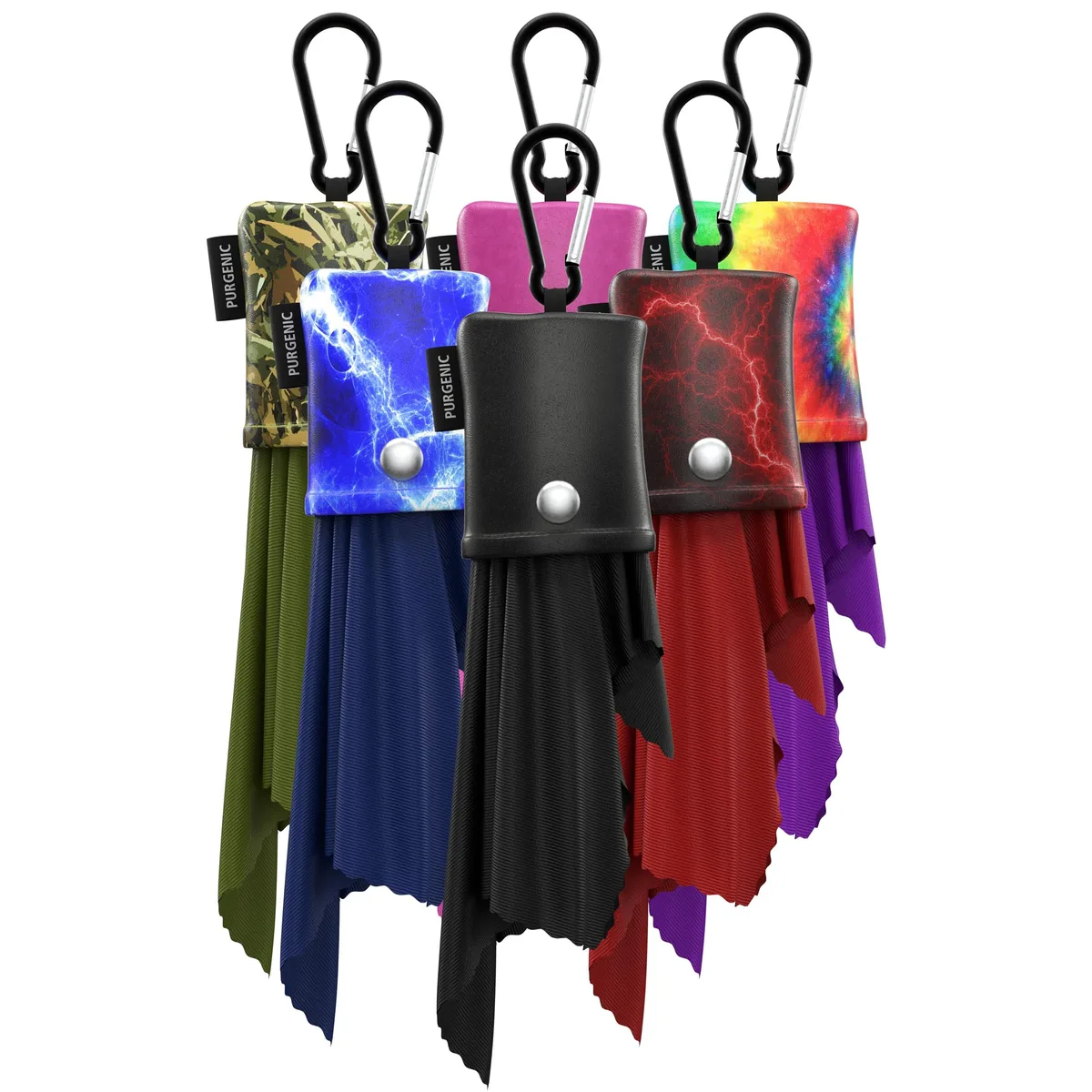 Six microfiber cloths in leather pouches with carabiners
