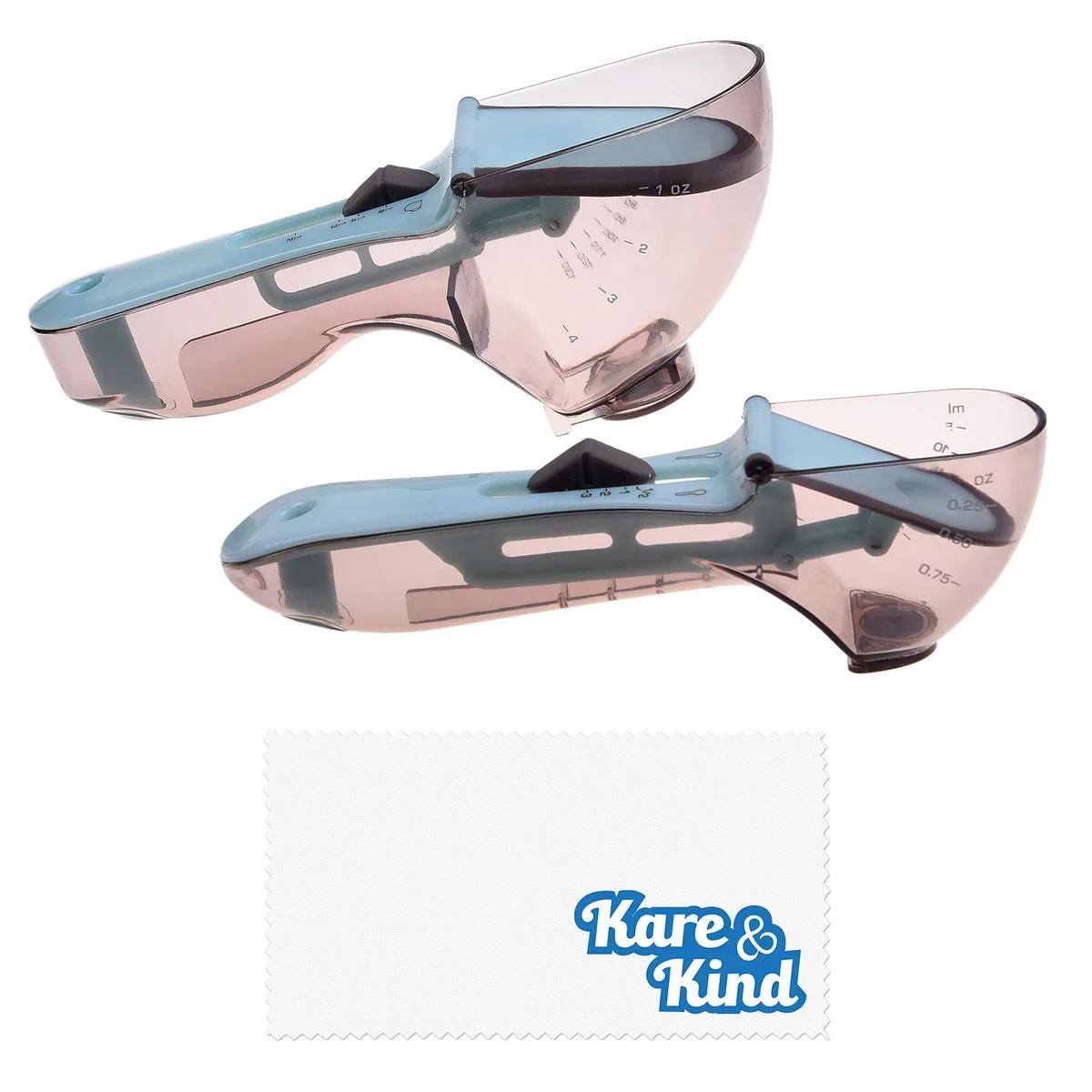 Two adjustable measuring cups, large and small, sliding collar design, matte plastic finish, metric and imperial markings