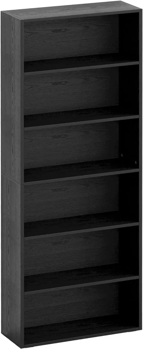 Tall black freestanding bookcase with six open shelves