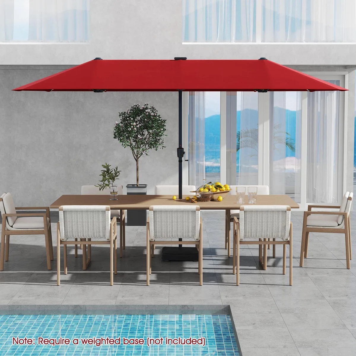Large red patio umbrella 13 ft canopy with solar LED lights and crank handle