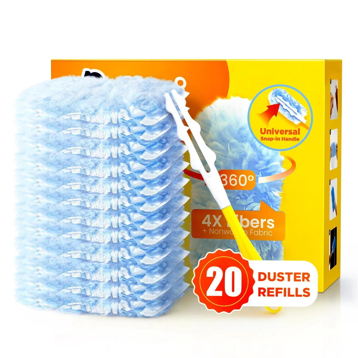 Box of 20 white microfiber duster refills with one grey handle