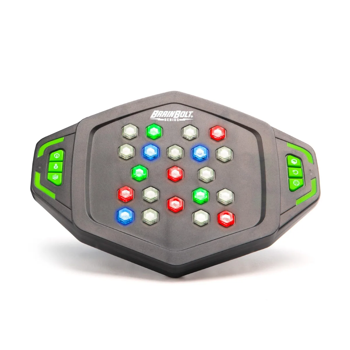 Black handheld memory game with light-up tiles