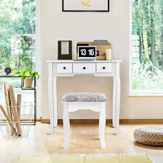 SlickBlue SlickBlue Dressing Table Set White 5 Drawers Oval Mirror Stool — product photo