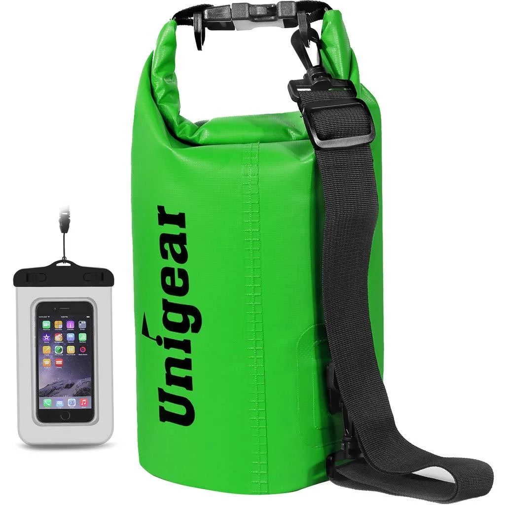Green 5L dry bag roll-top welded seams single strap D-rings