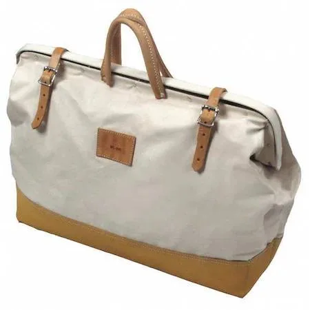 Brown and white canvas tool bag with leather accents and hinged steel frame