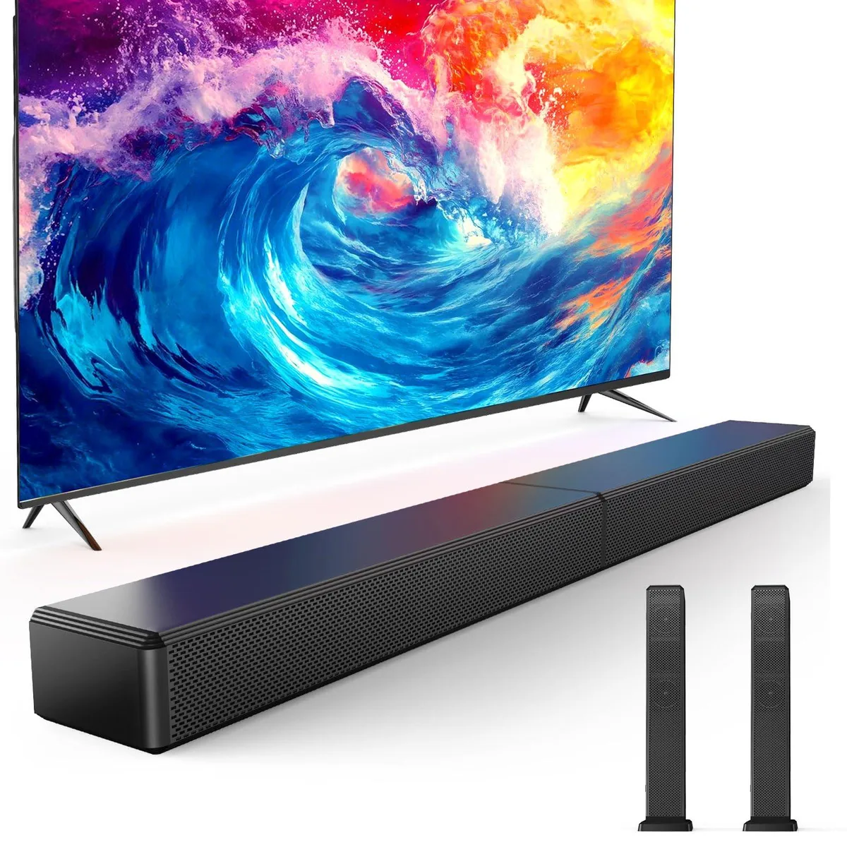 Black rectangular soundbar with detachable sections and matte plastic finish