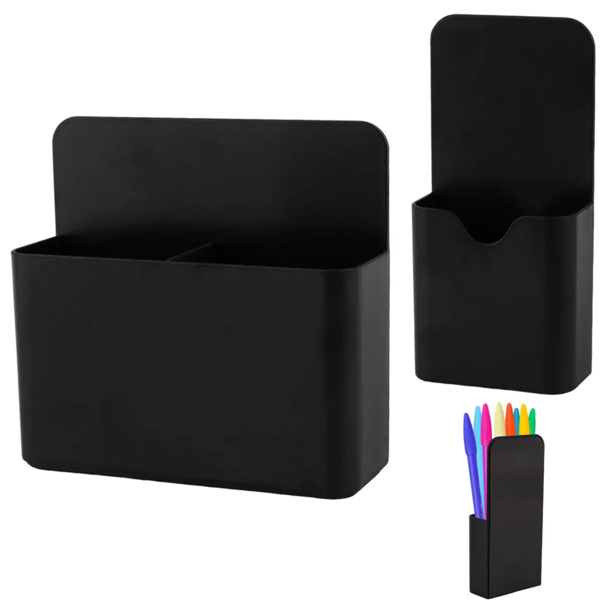 Two black ABS magnetic pen holders, one with adjustable divider, smooth matte finish