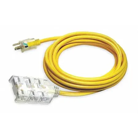Yellow round SJTOW extension cord six feet long with six outlets and lighted end