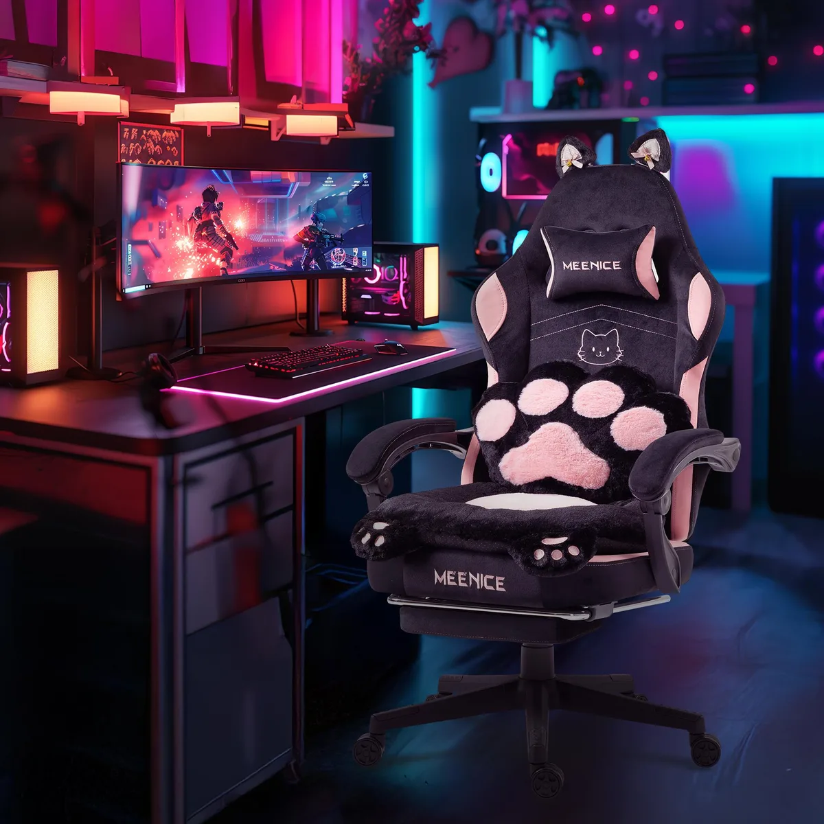 Dowinx Dowinx MN-88D52 Gaming Chair Black White Fabric 300 lb 145° Recline — product photo