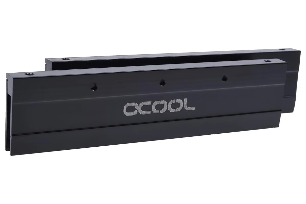 Two black aluminium water-block modules for memory cooling
