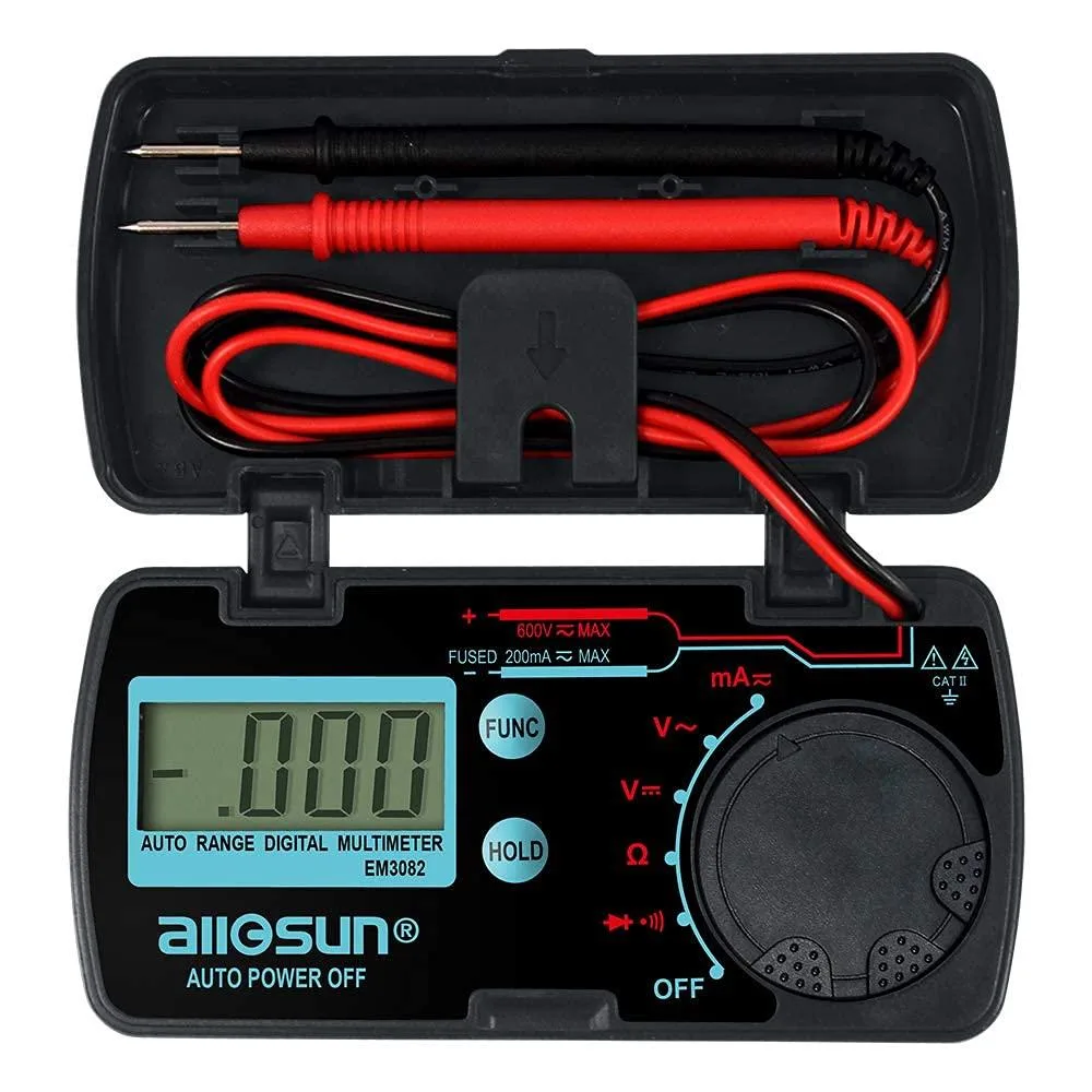Black pocket digital multimeter model EM3082 with LCD screen and test leads