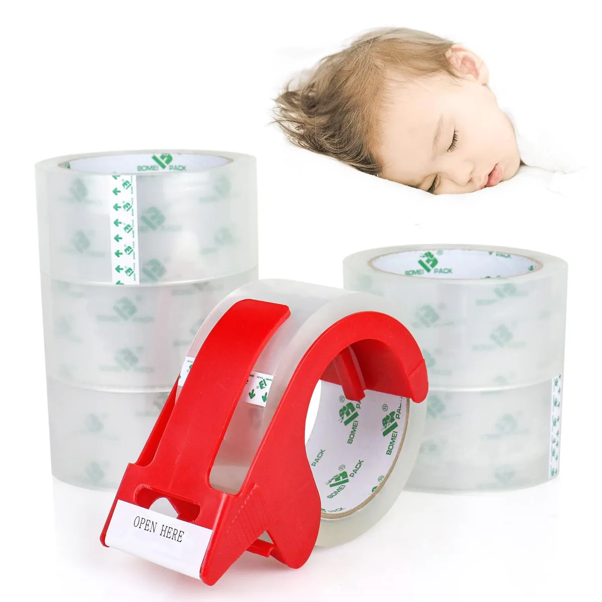  BOMEI PACK Silent Tape Clear 2.4mil 1.88in 55yd 6 Rolls with Dispenser — product photo