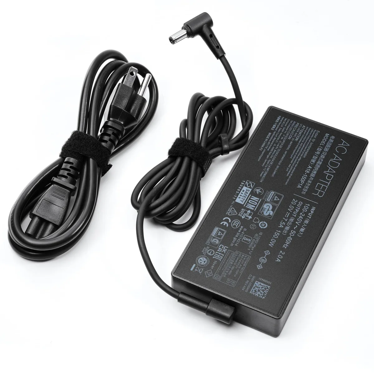 Black rectangular Dell AC adapter with 6.0 by 3.7mm barrel tip and three-pin power cord