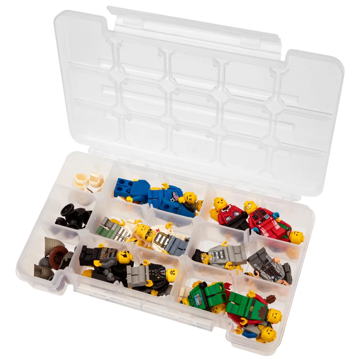 Clear plastic portable case with hinged lid and 15 compartments