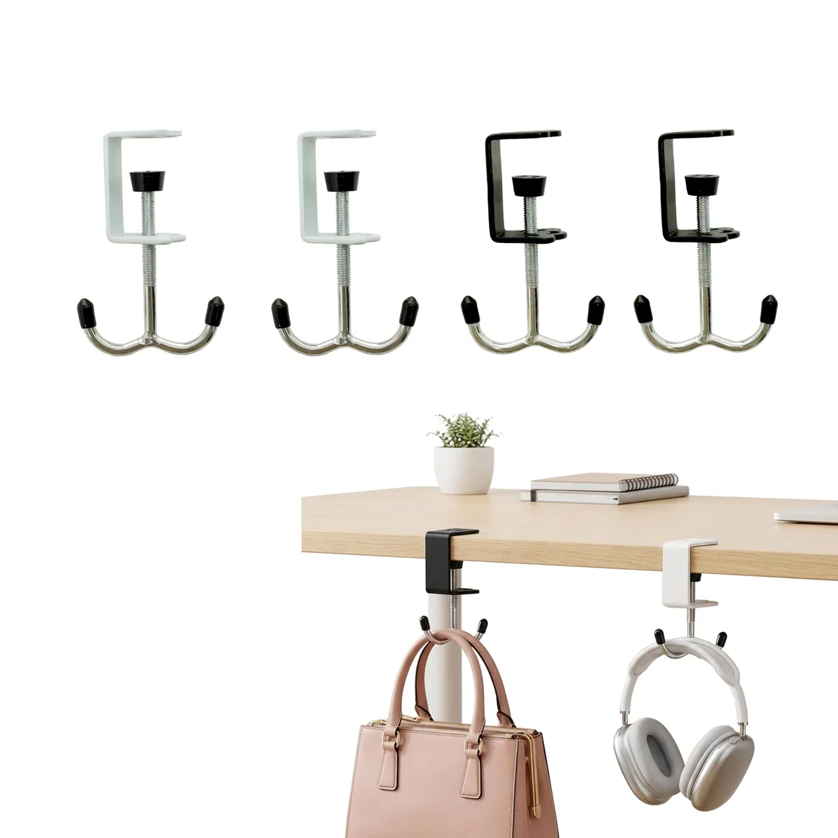 Four adjustable under-desk hooks, two black two white, dual hook design