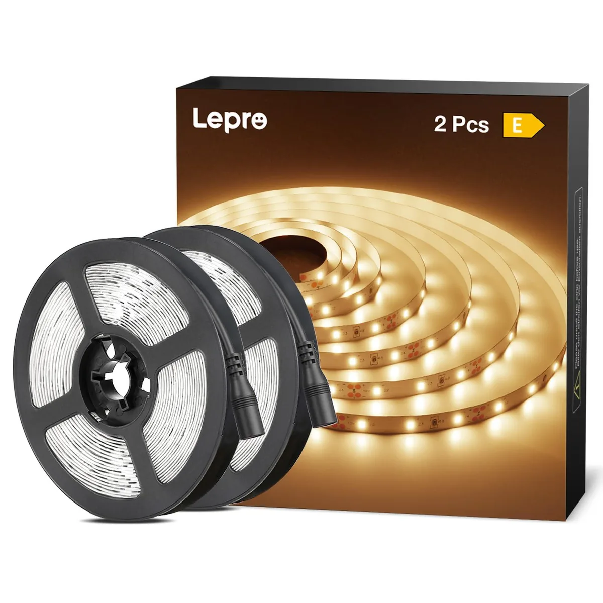 Two 16.4ft white acrylic LED strips on reels, 300 warm white diodes each, self-adhesive backing, indoor use