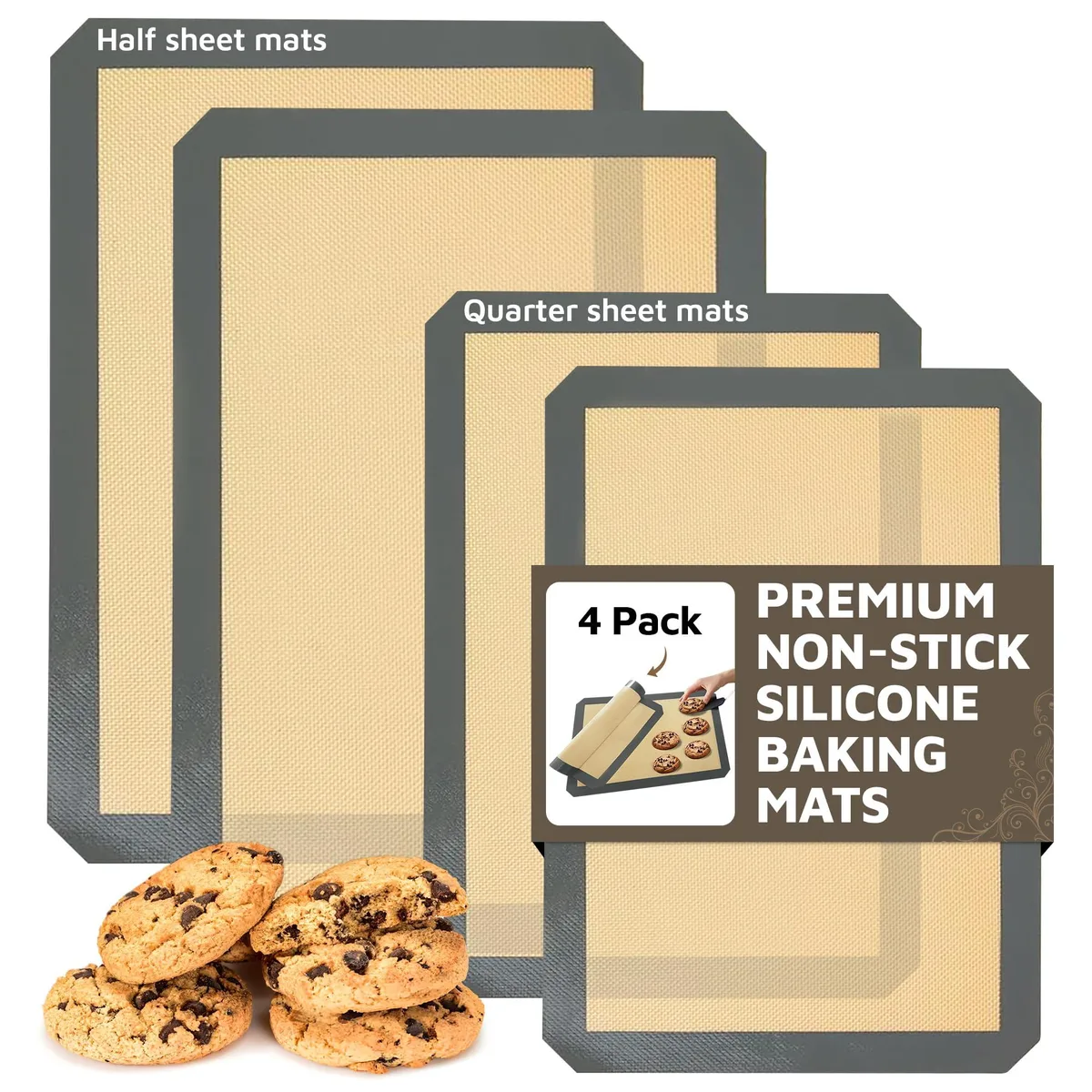 Four flexible rectangular silicone mats, two large and two small, light grey with woven texture