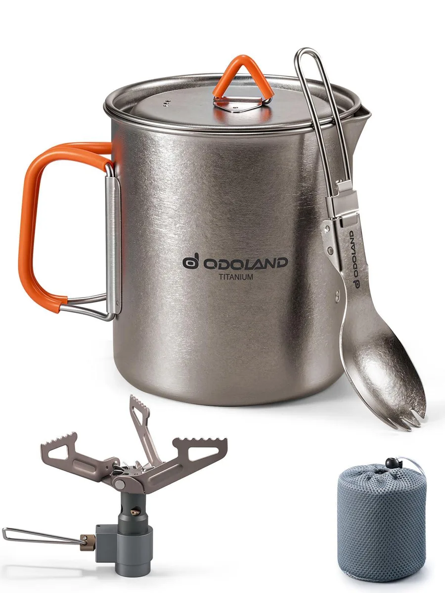 Titanium pot set with stove and spork, black finish, compact cube shape